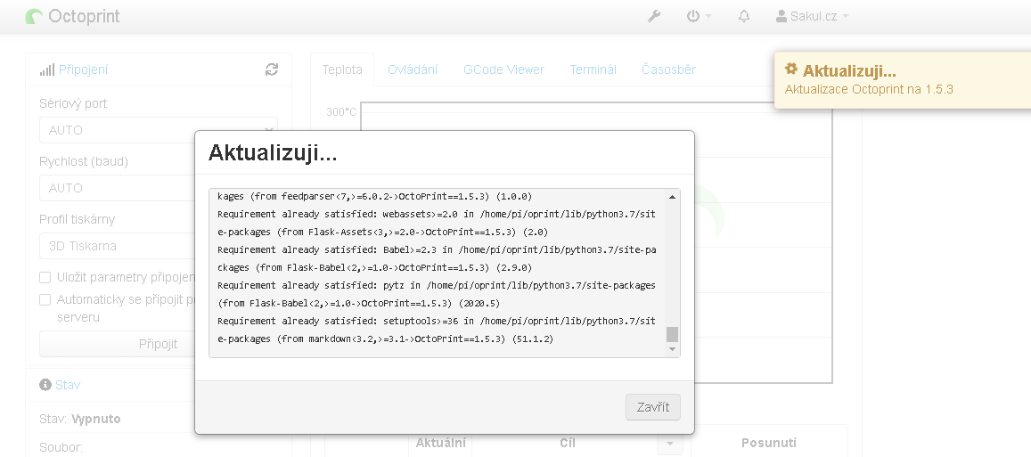 Průběh aktualizace OctoPrintu
