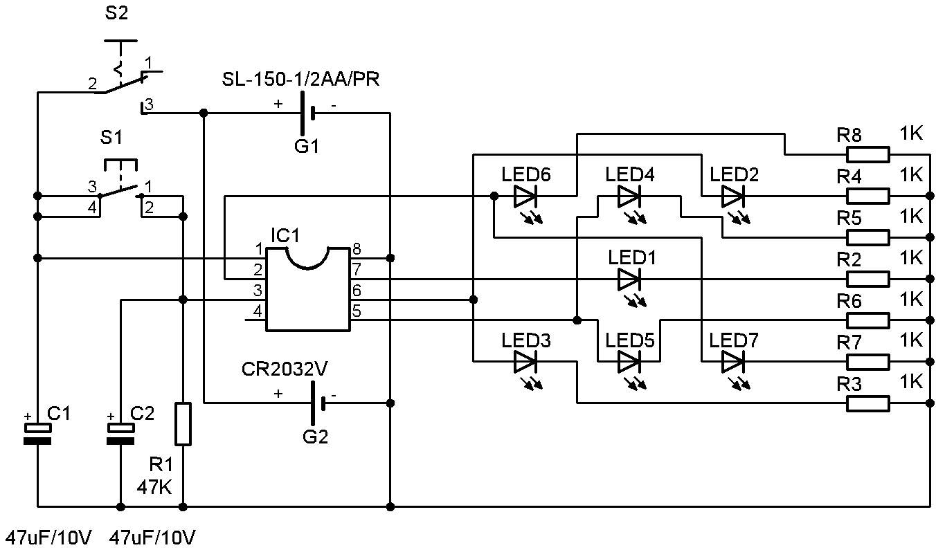 Schéma elektronické hrací kostky