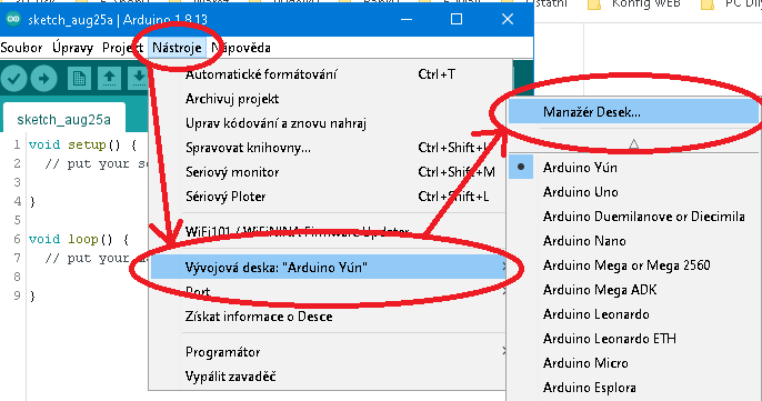 Arduino IDE manažér desek